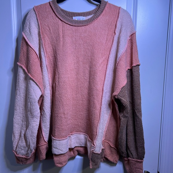 Fantastic Fawn Sweaters - Fantastic Fawn Colorblock Waffle Knit Sweater Pullover Pink Tan Brown Size L